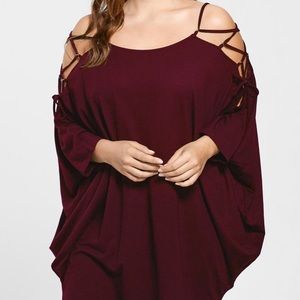 Plus Size Open Shoulder Lattice Cut Baggy Top